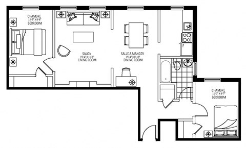 Floor plan for 2 beds, 1 bath